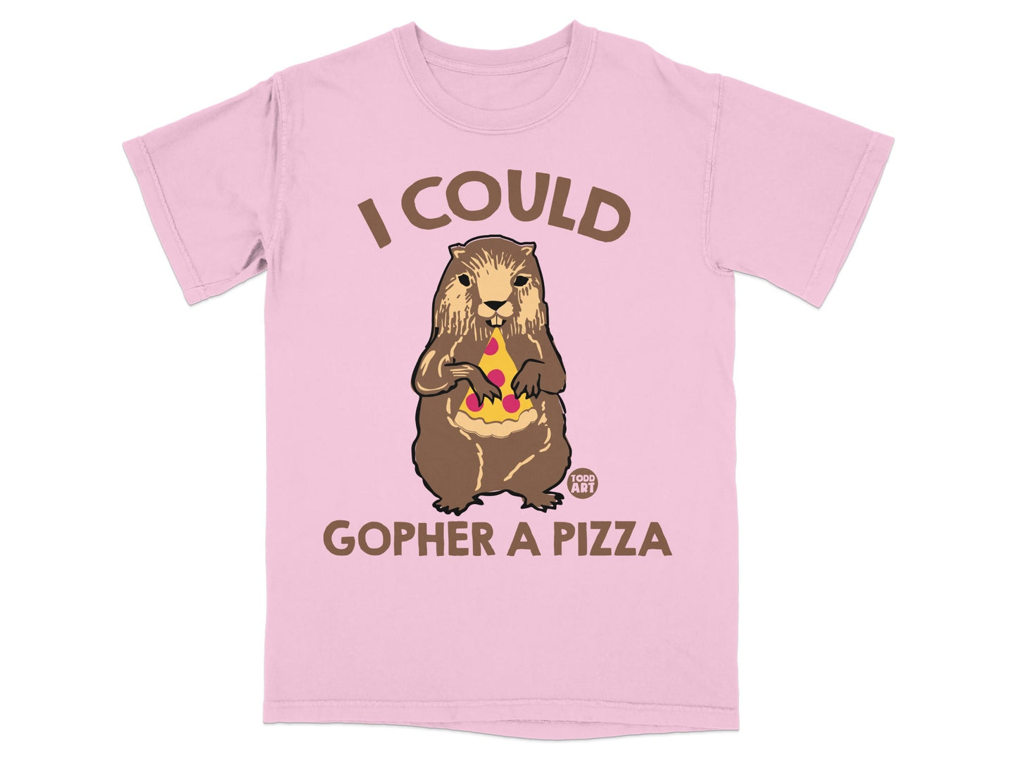 Pink t-shirt with a gopher holding a slice of pizza.
