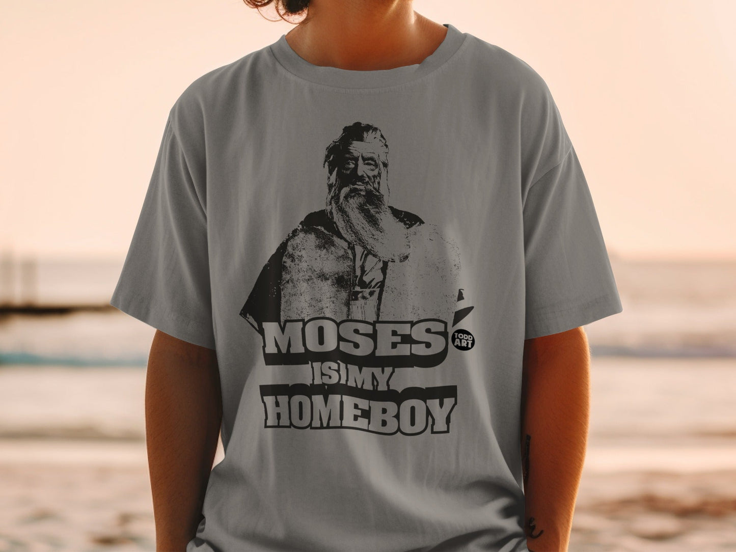 Grey t-shirt with Moses graphic and text "Moses is my homeboy".