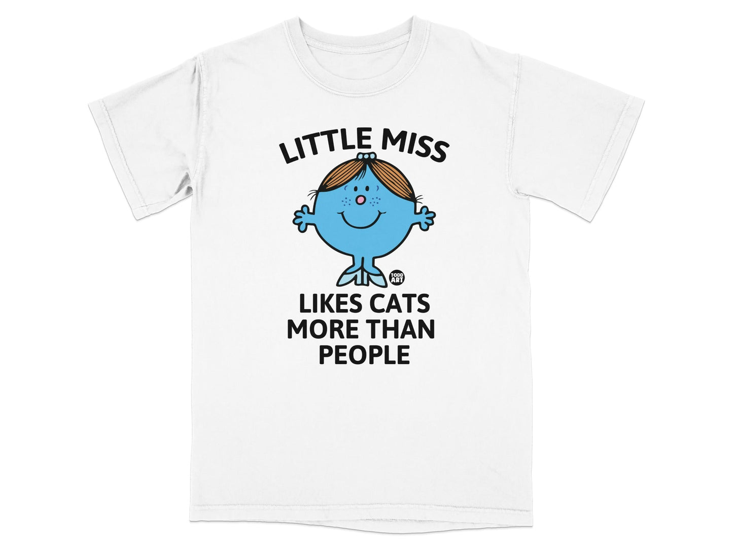 Little Miss character smiling on a white t-shirt that says "Little Miss Likes Cats More Than People."