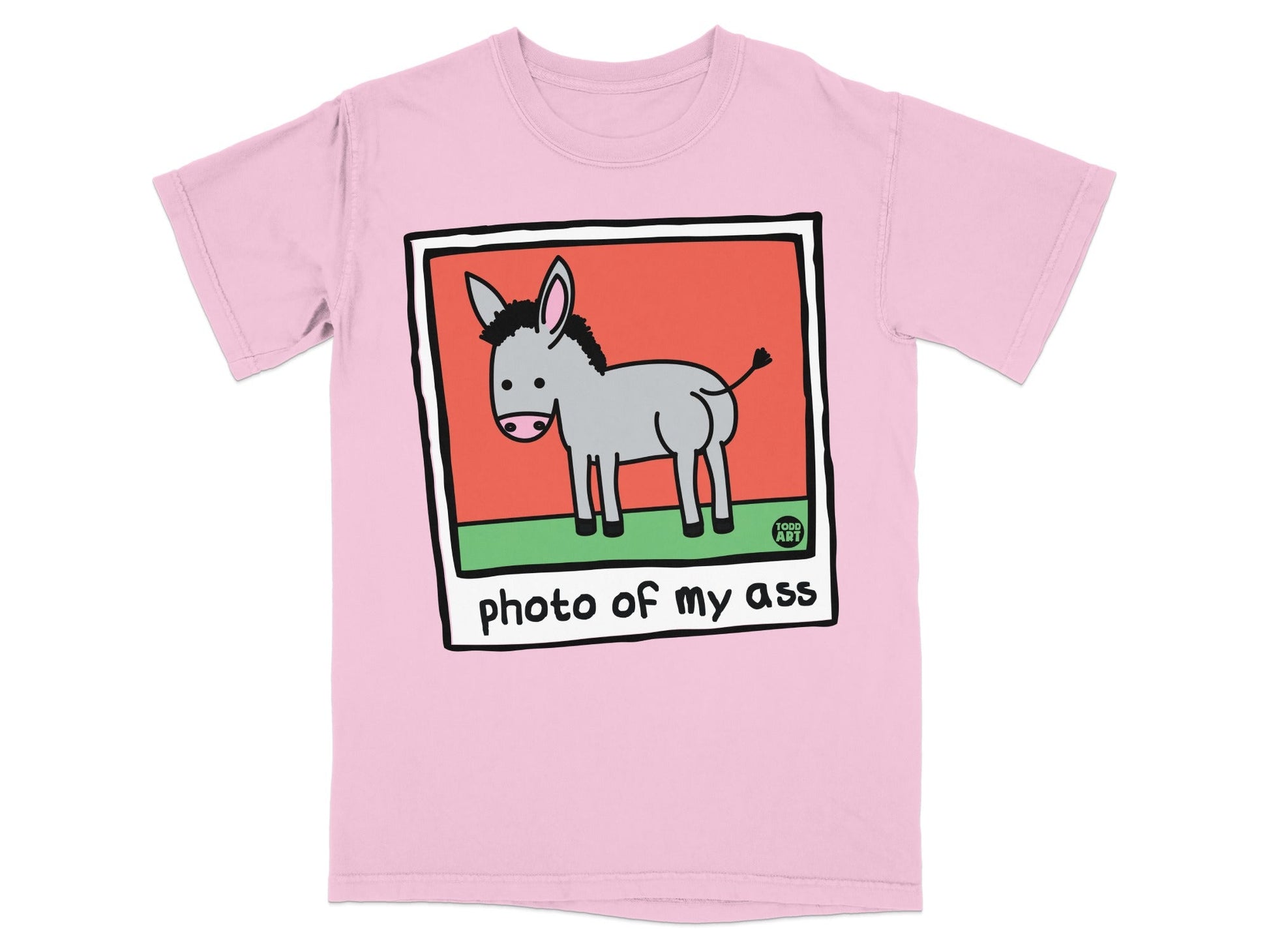 Pink t-shirt with a cartoon donkey and text "photo of my ass".