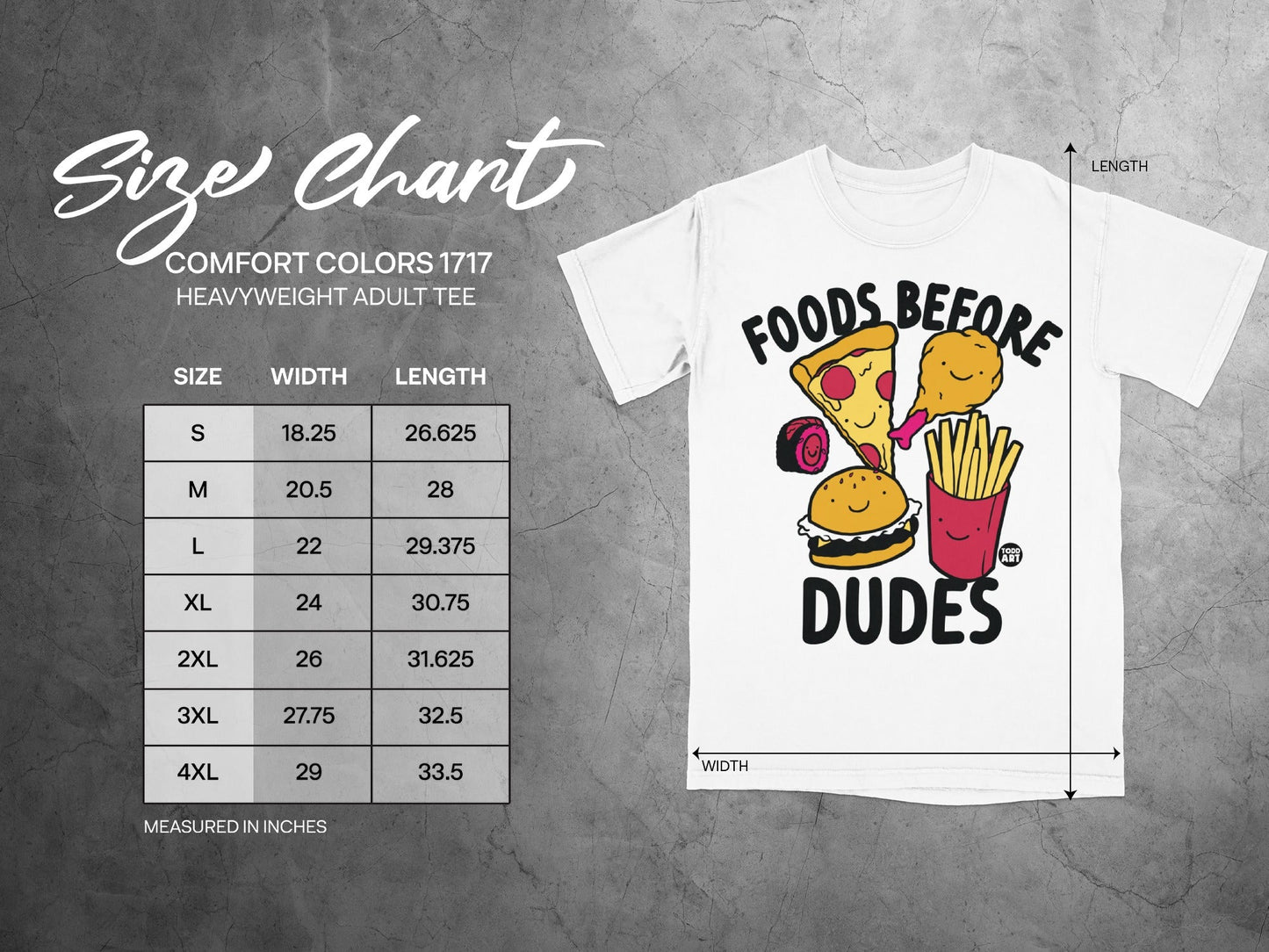 Size chart for Comfort Colors 1717 heavyweight adult tee with food graphic.