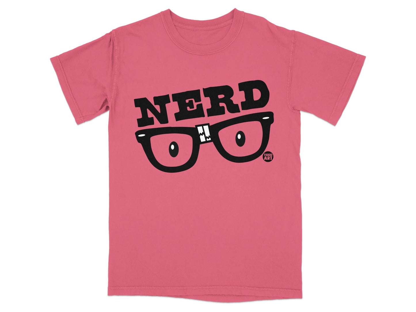 T-shirt with "NERD" text and glasses graphic.