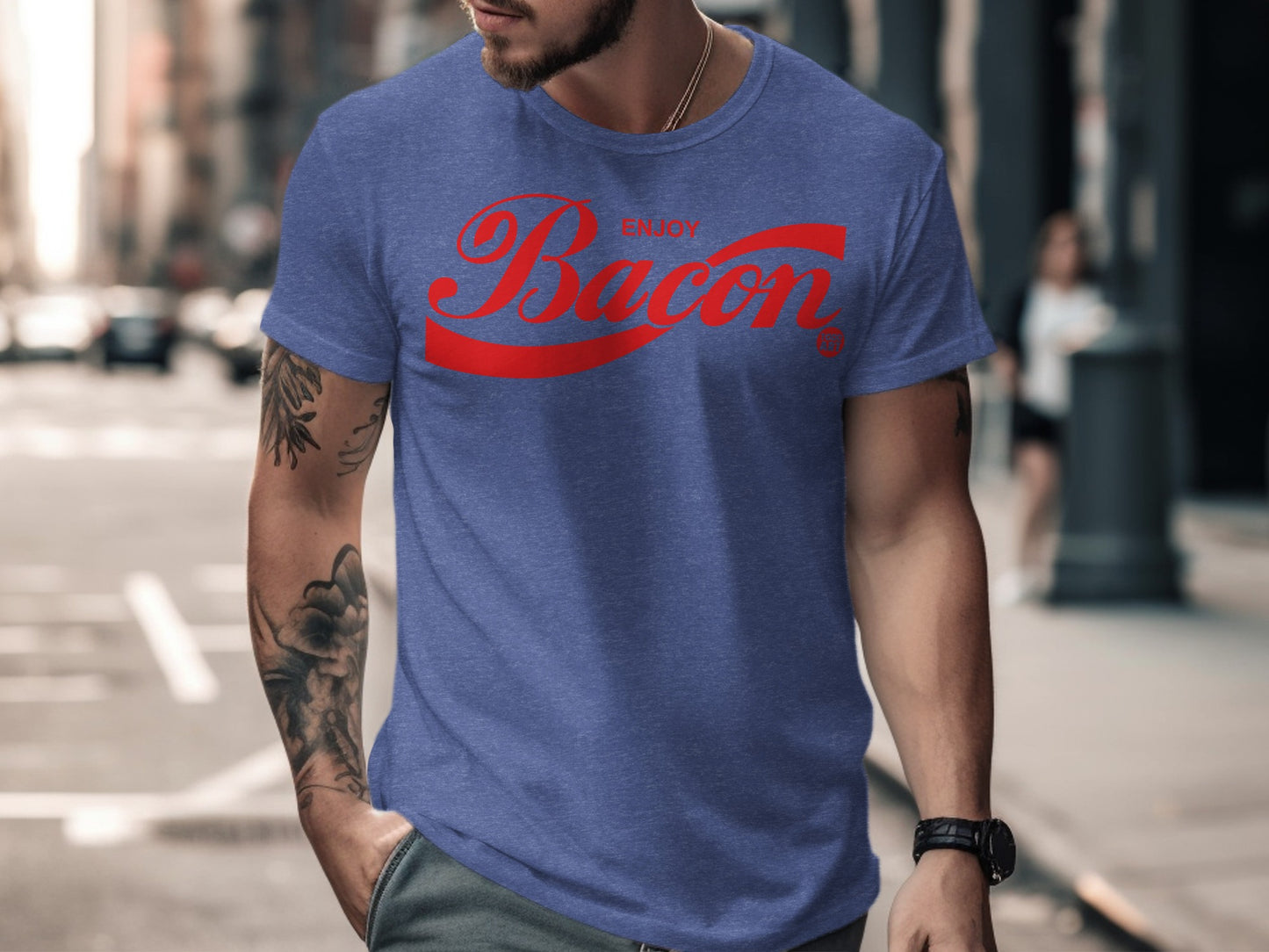 Enjoy Bacon Graphic Print T-Shirt Bold Red Lettering