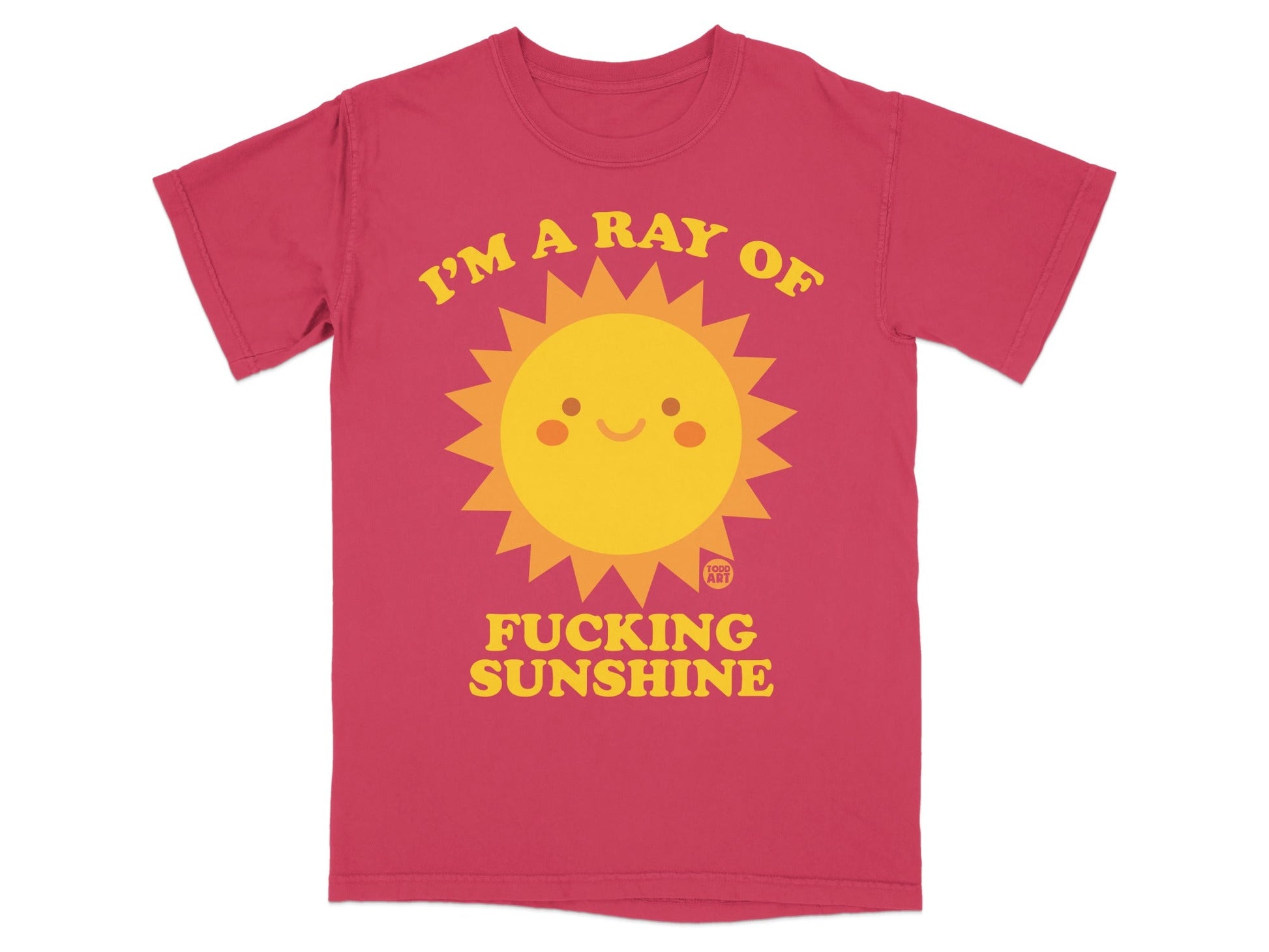 Pink t-shirt with a smiling sun graphic and "I'M A RAY OF FUCKING SUNSHINE" text.