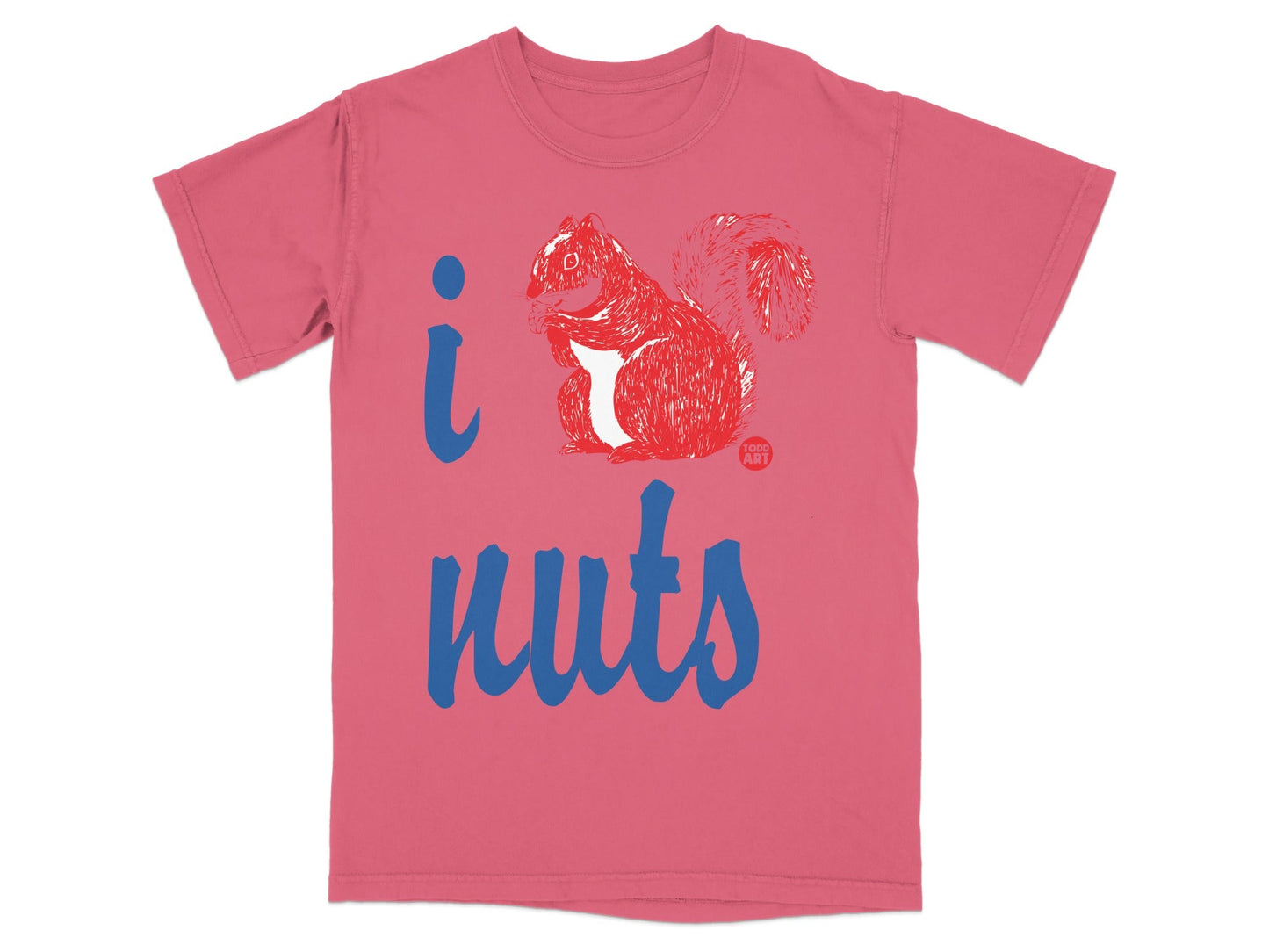 Pink t-shirt with "I love nuts" graphic featuring a squirrel.