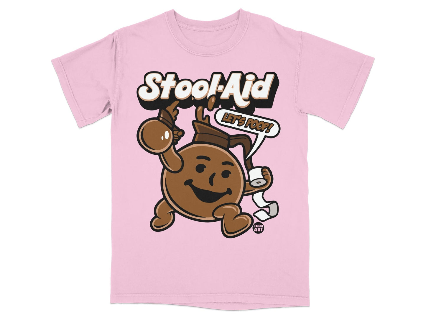 Pink t-shirt with cartoon character holding toilet paper and saying "Let's Poop!"