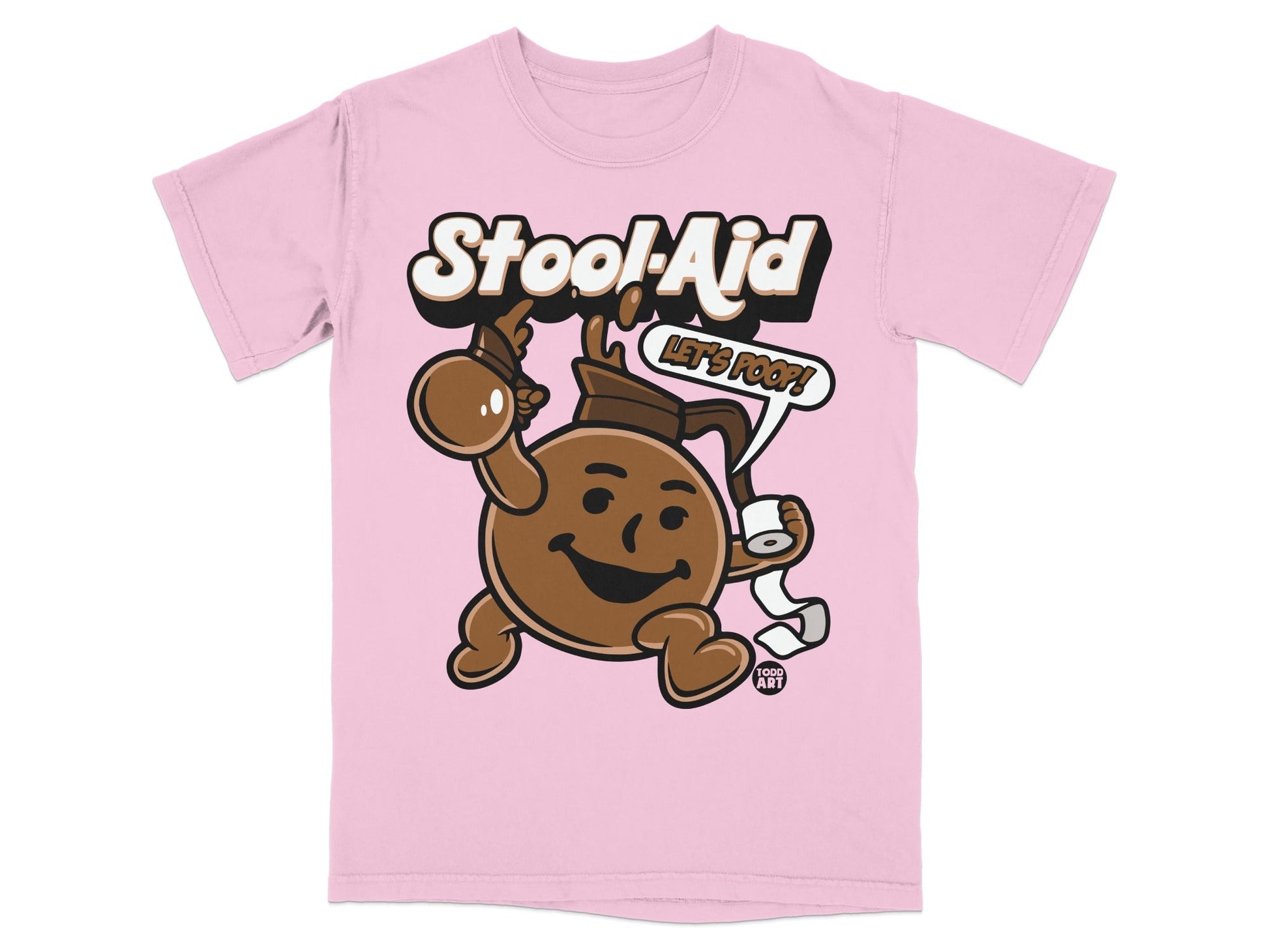 Pink t-shirt with cartoon character holding toilet paper and saying "Let's Poop!"