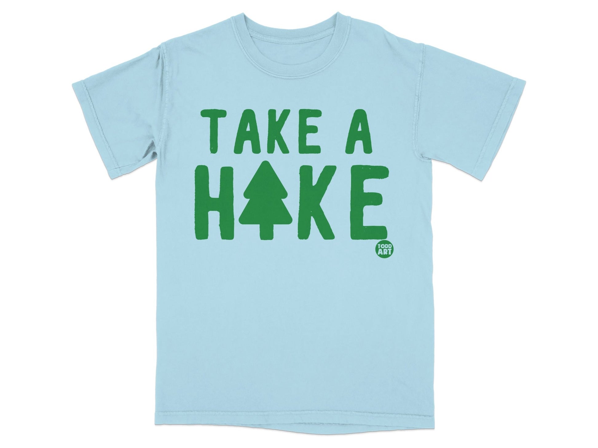 Light blue t-shirt with "TAKE A HIKE" and a Christmas tree graphic.