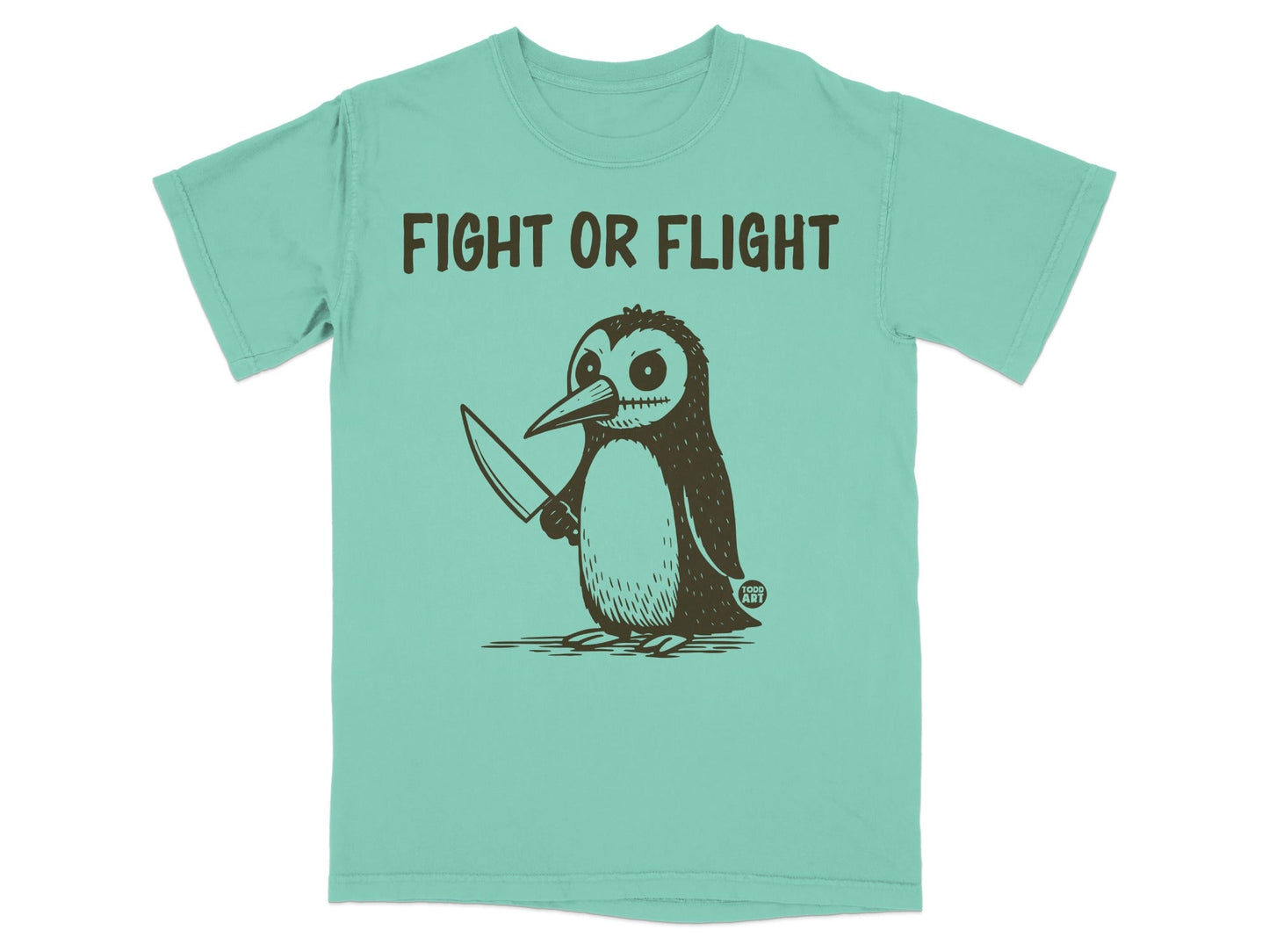 Penguin holding a knife with "FIGHT OR FLIGHT" text above.