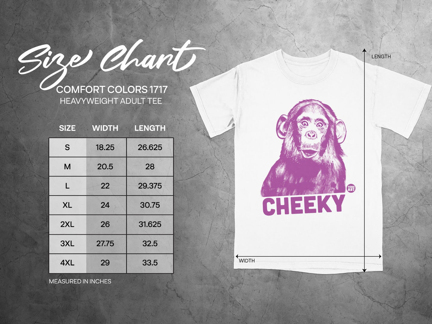 Size chart for Comfort Colors 1717 heavyweight adult tee with width and length measurements.