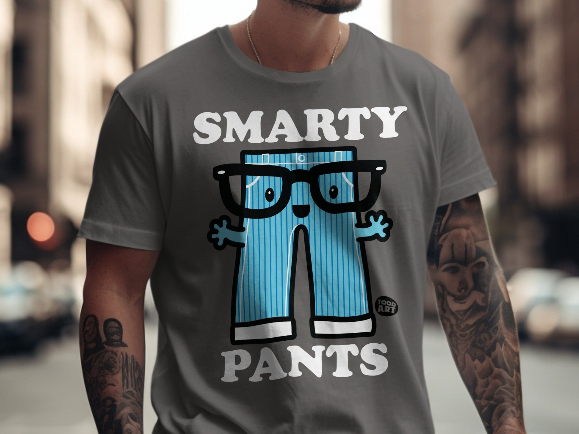 T-shirt with cartoon blue pants, glasses, and text "SMARTY PANTS".