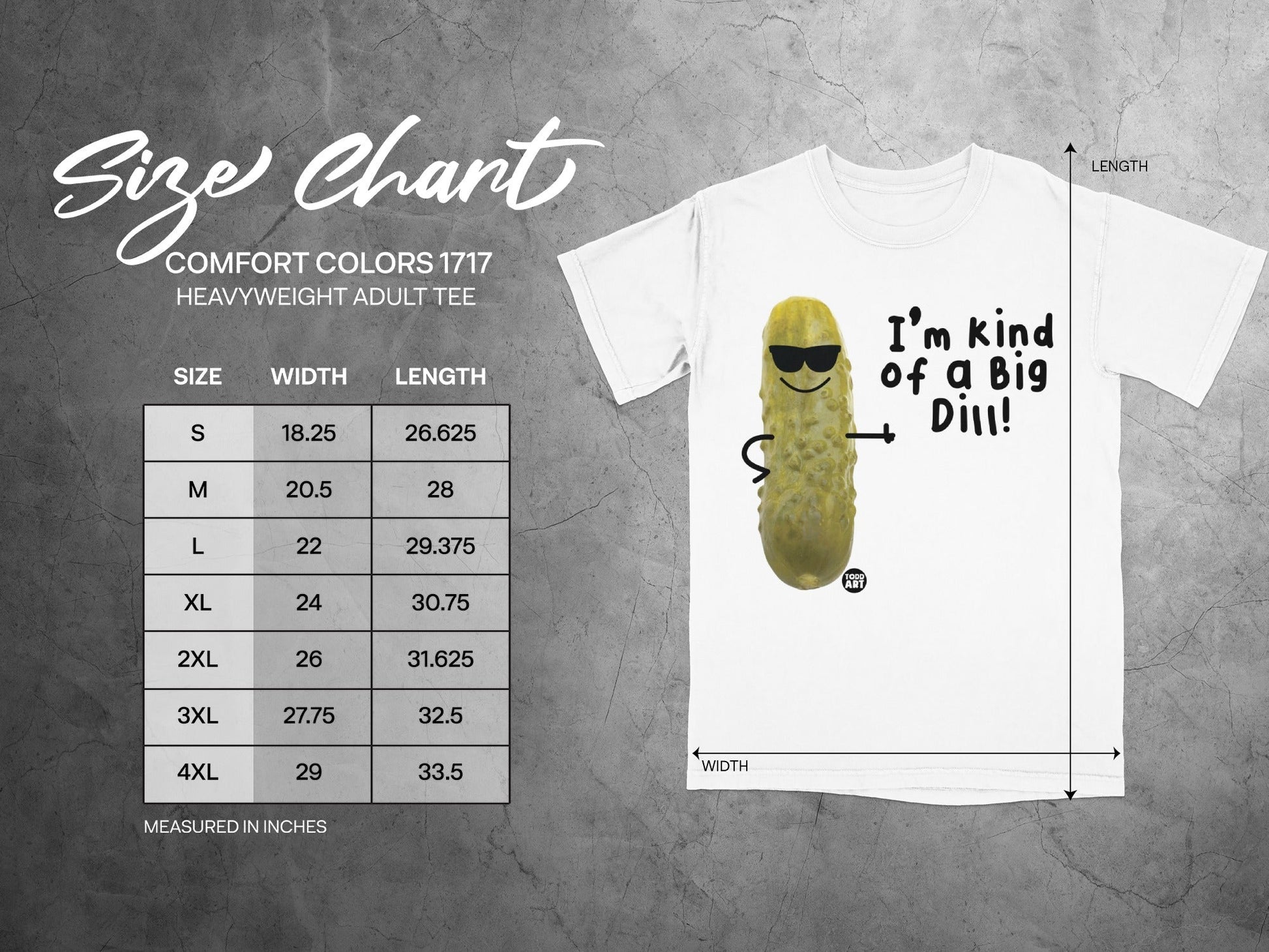 Size chart for Comfort Colors 1717 heavyweight adult tee with pickle graphic.