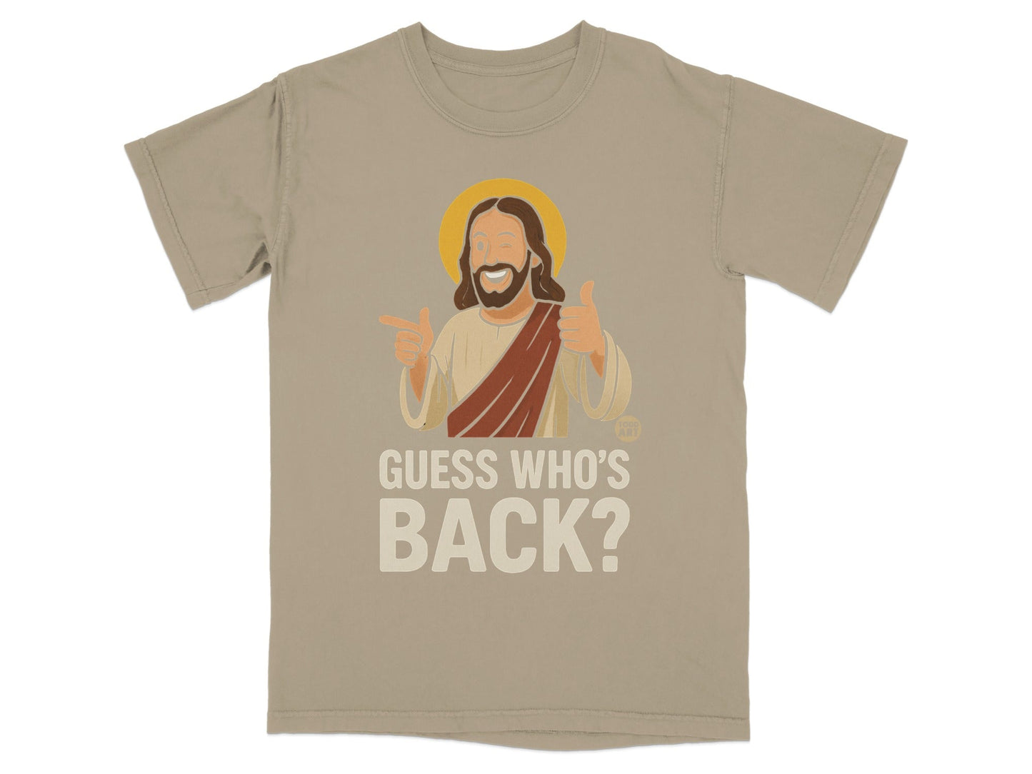 T-shirt with Jesus giving a thumbs up and pointing, text "GUESS WHO'S BACK?".