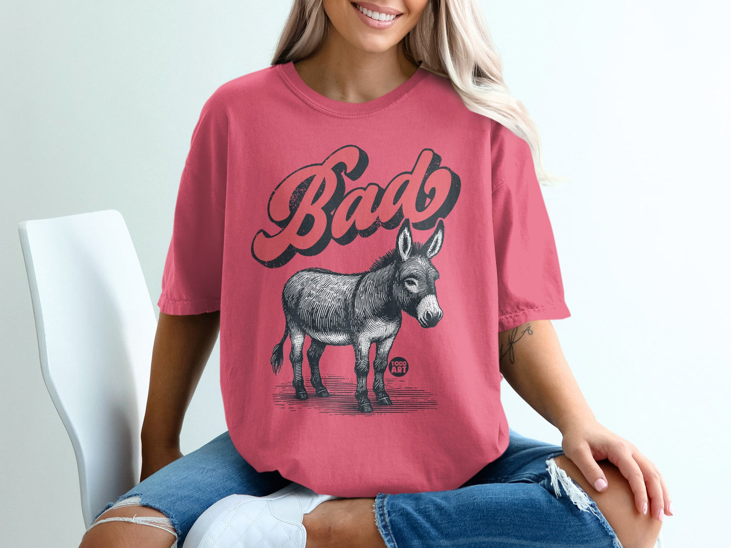 Bad Donkey Todd Art Design on Casual Pink T-Shirt