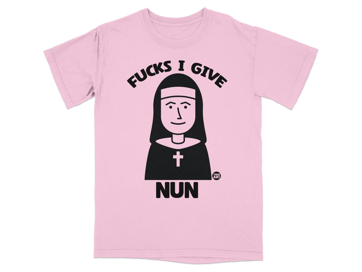 Pink t-shirt with a cartoon nun illustration and "Fucks I Give" text.