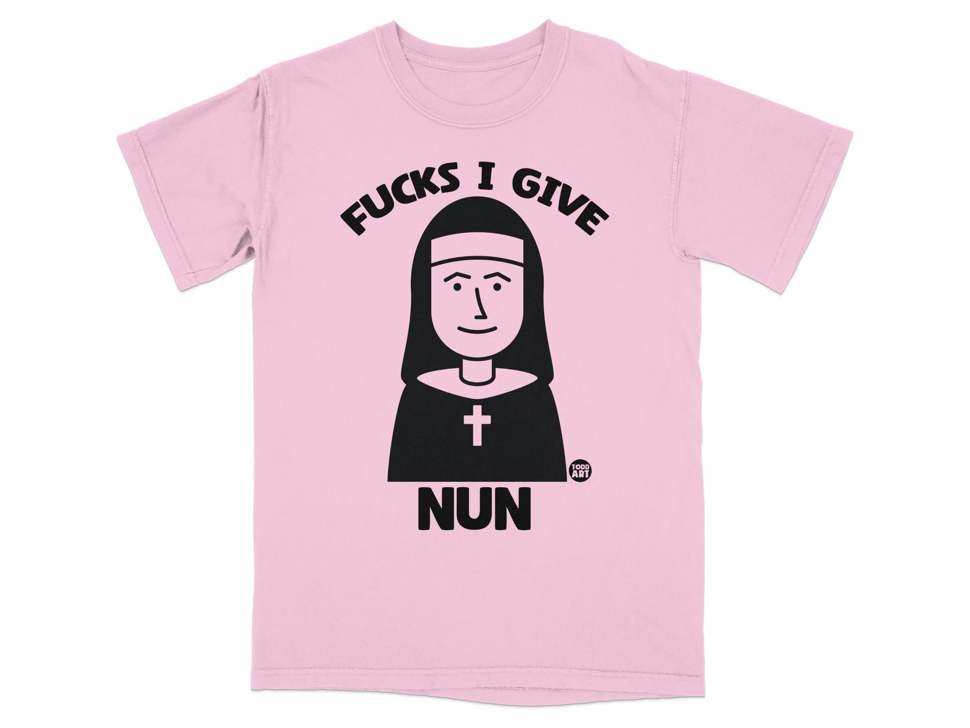 Pink t-shirt with a cartoon nun illustration and "Fucks I Give" text.