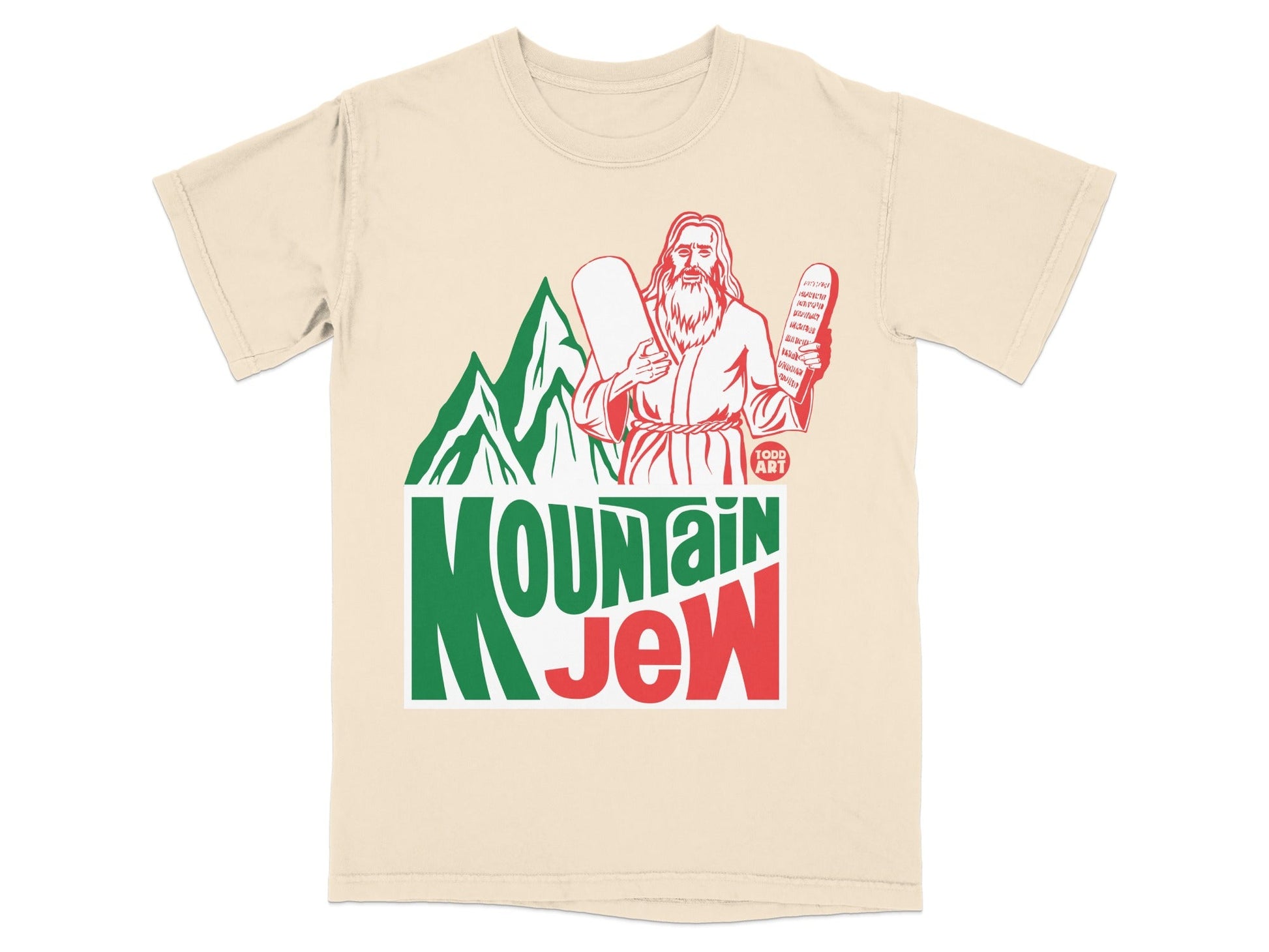 Cream t-shirt with "MOUNTAIN JEW" text, a man holding tablets, and green mountains.
