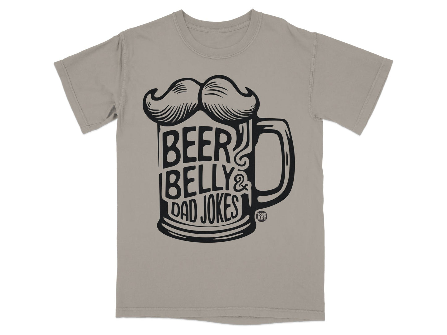 T-shirt with "Beer Belly & Dad Jokes" text and a mustache inside a beer mug.