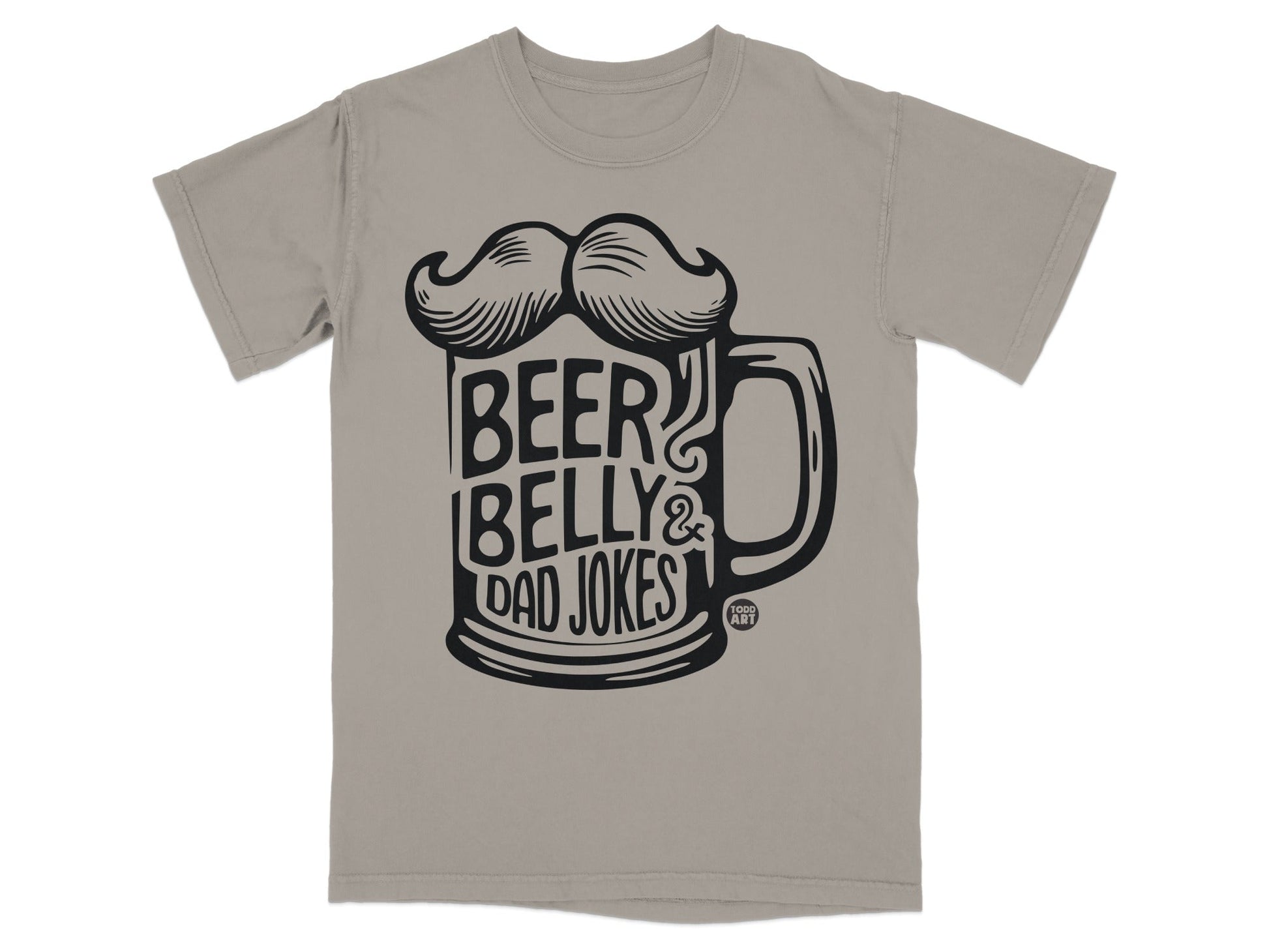 T-shirt with "Beer Belly & Dad Jokes" text and a mustache inside a beer mug.