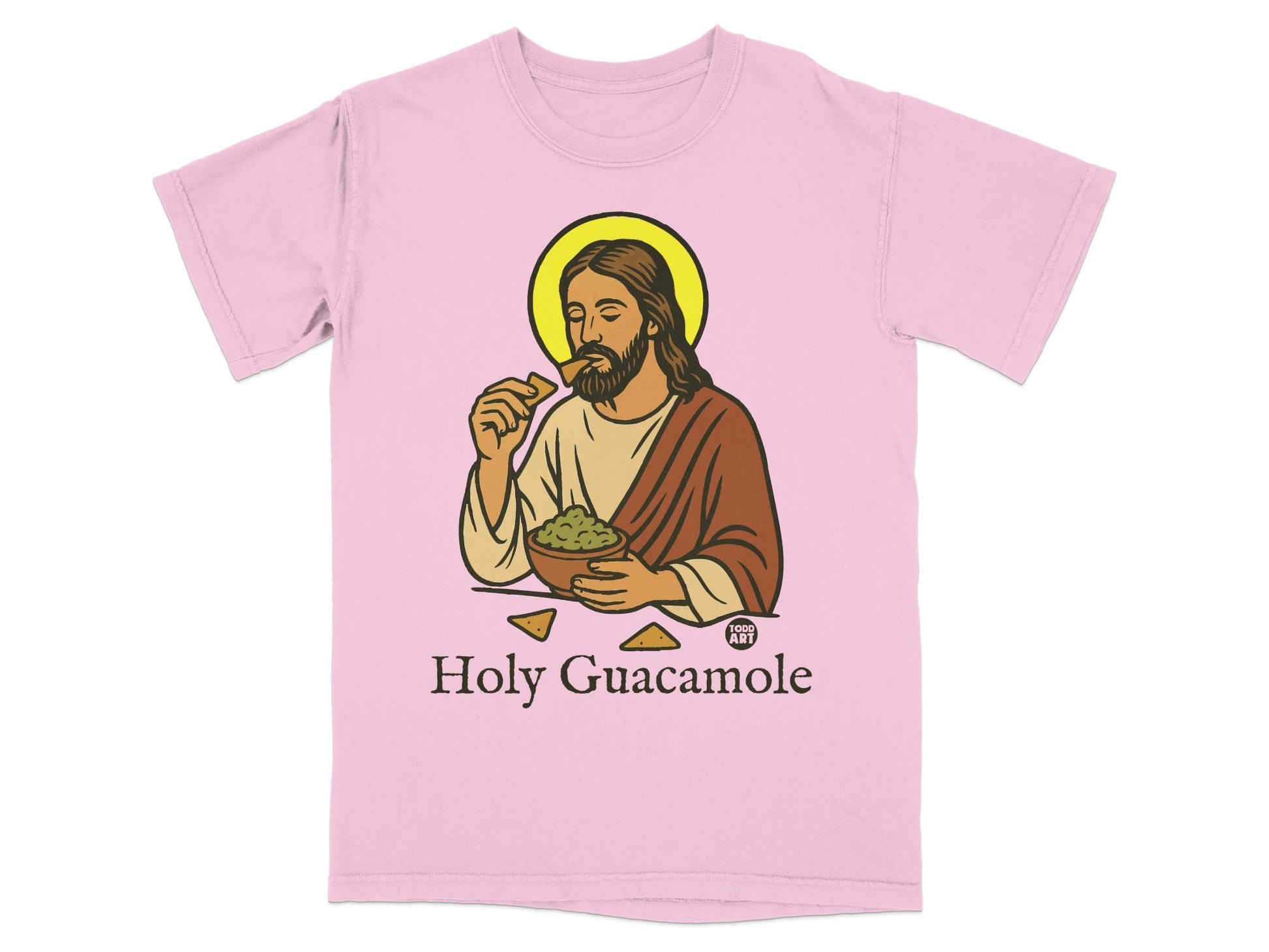 Jesus eating chips and guacamole on a pink t-shirt.