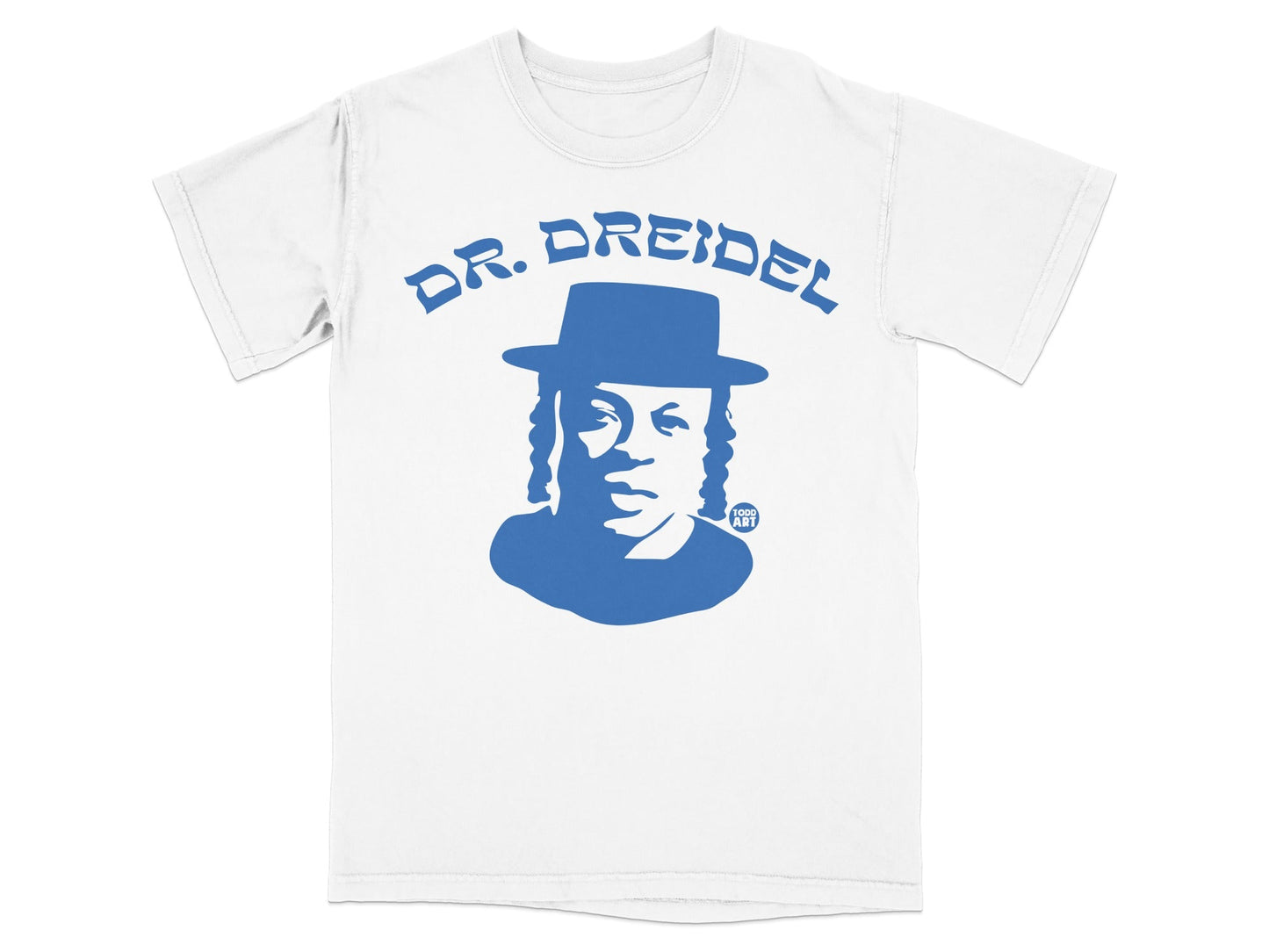 White t-shirt with blue graphic of a man wearing a hat and the text "DR. DREIDEL"