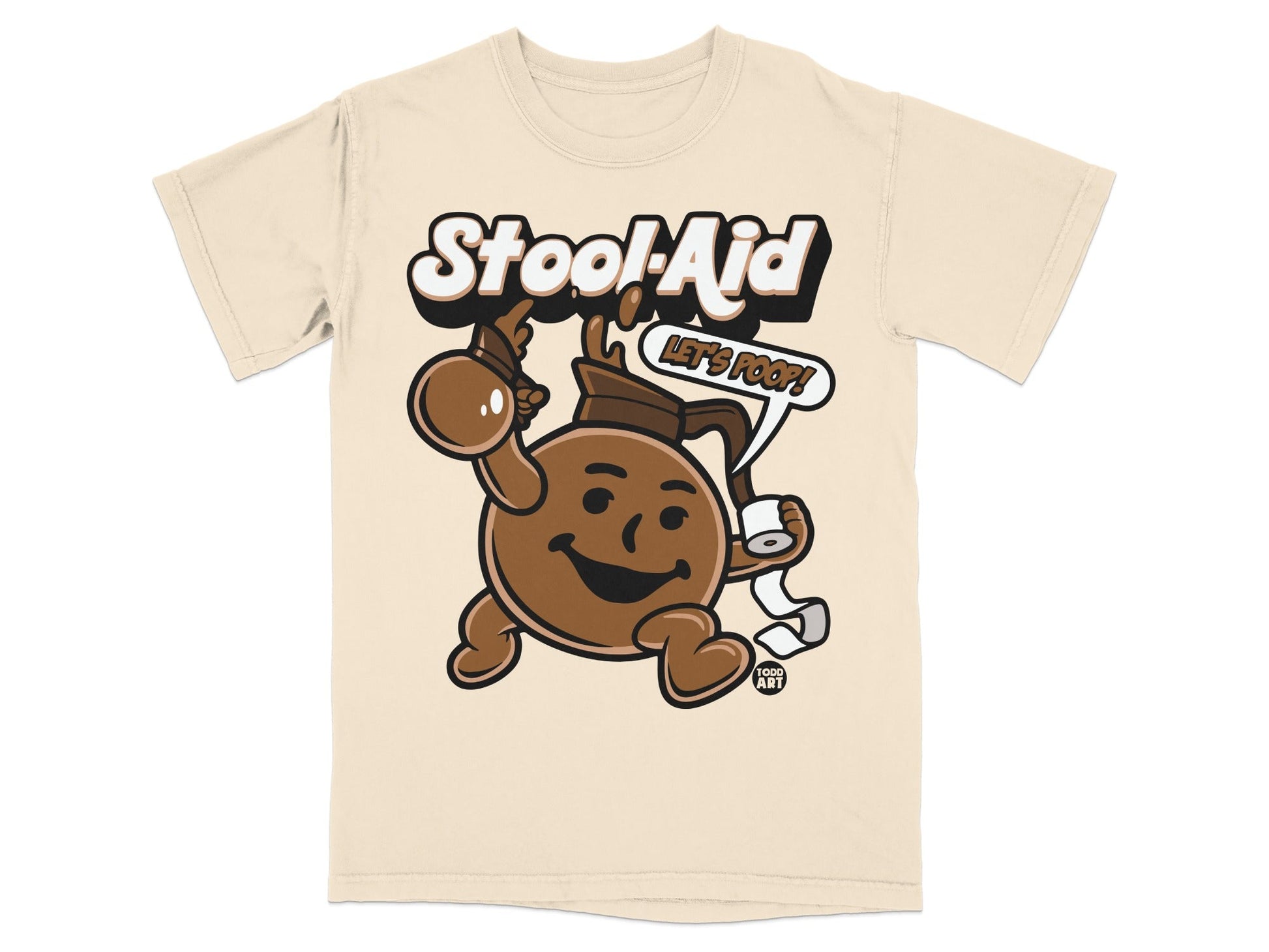 T-shirt featuring a cartoon character holding a toilet paper roll and saying "Let's Poop!".
