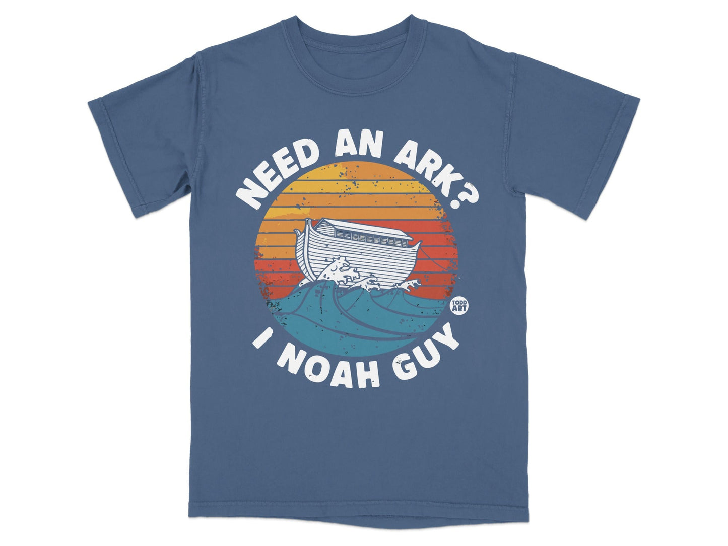 Blue t-shirt with "Need an ark? I Noah Guy" and Noah's Ark illustration.
