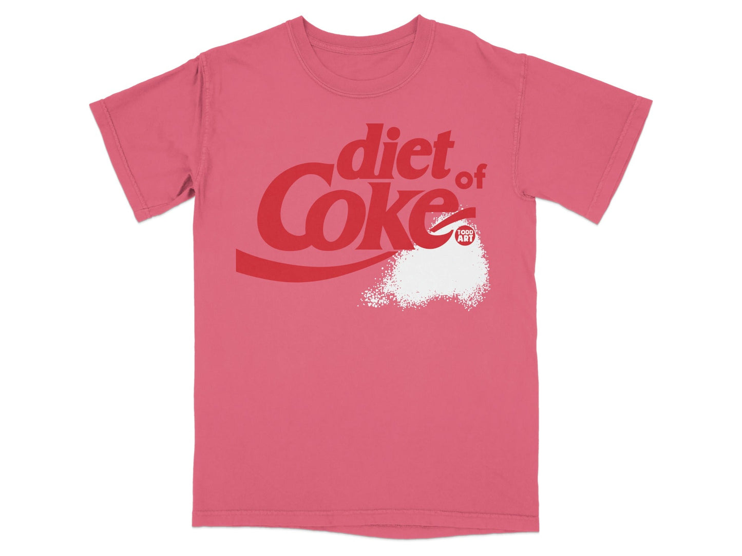 Red t-shirt with Diet Coke logo and white splash graphic.