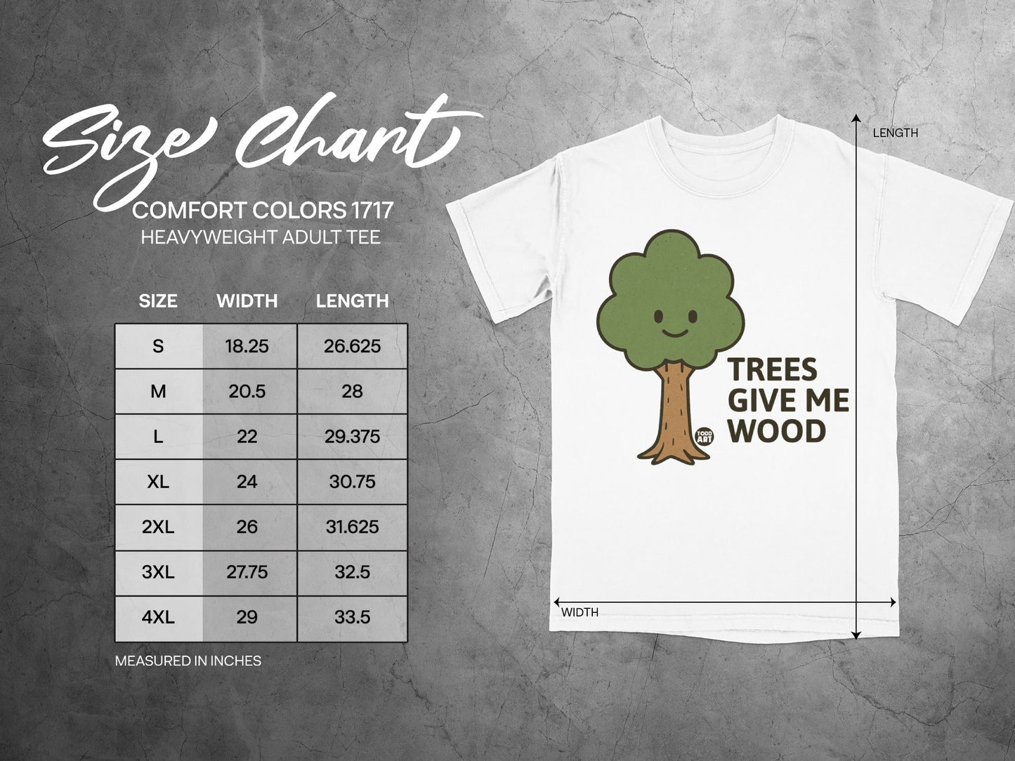 Size chart for Comfort Colors 1717 heavyweight adult tee with tree graphic.