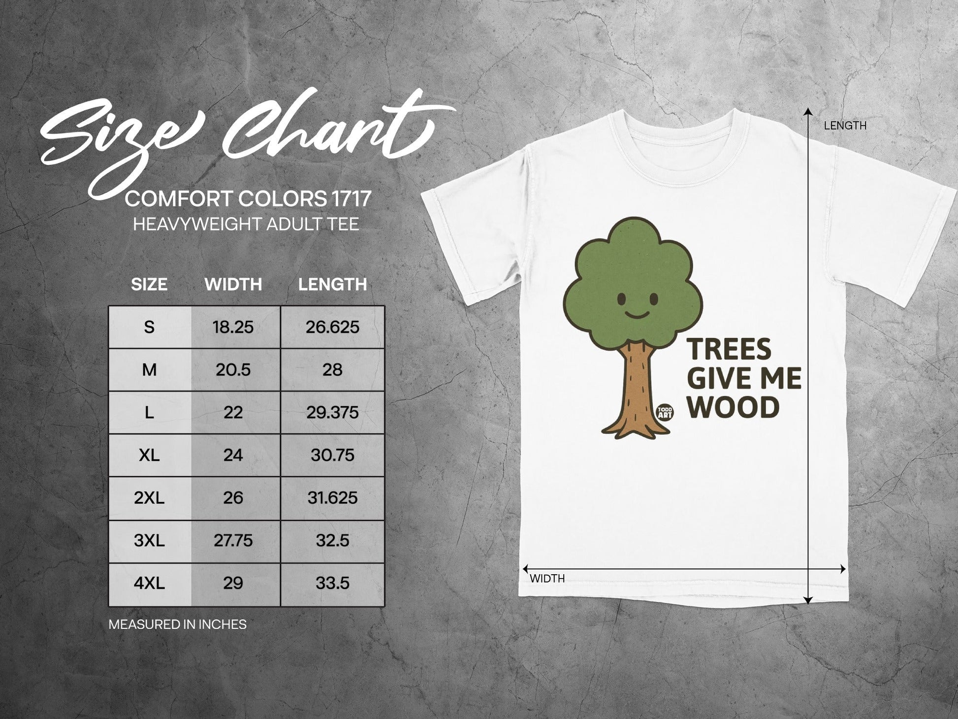 Size chart for Comfort Colors 1717 heavyweight adult tee with tree graphic.