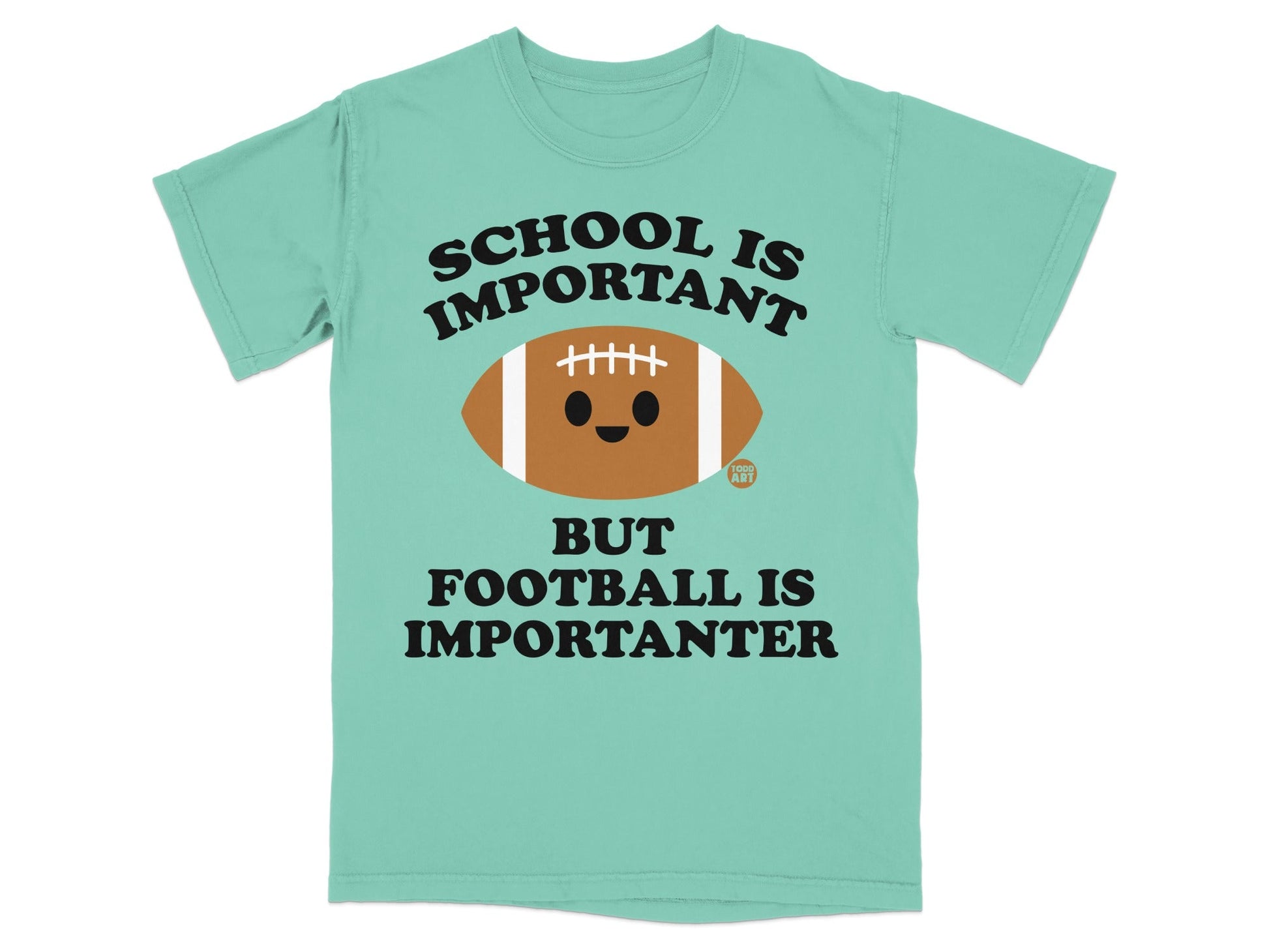Teal t-shirt with "School is important, but football is importanter" text and football graphic.