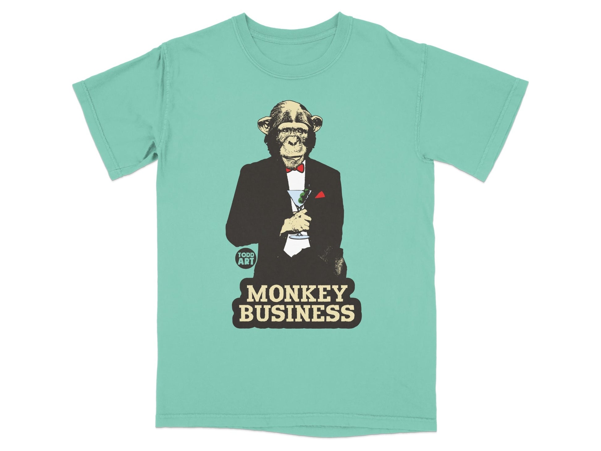 T-shirt graphic of a chimpanzee in a tuxedo holding a martini glass.