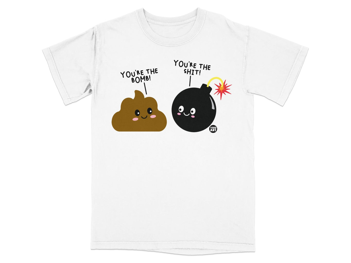 White t-shirt with brown poop and black bomb characters, each with text.