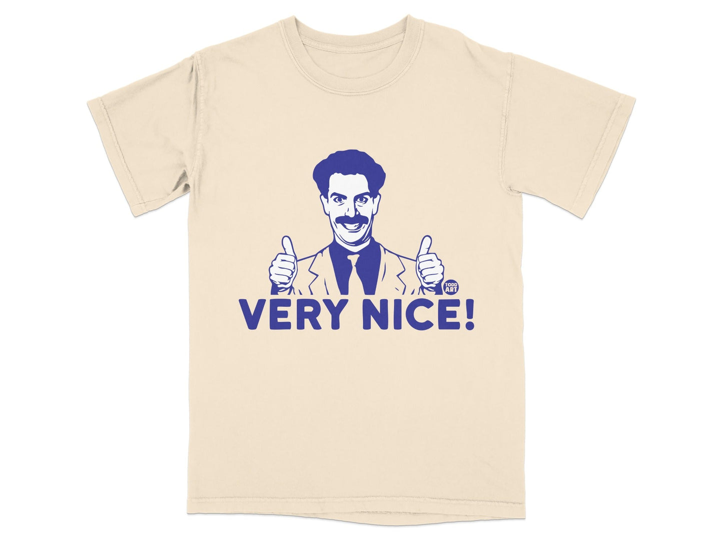 Cream t-shirt with Borat giving two thumbs up and "VERY NICE!" text.