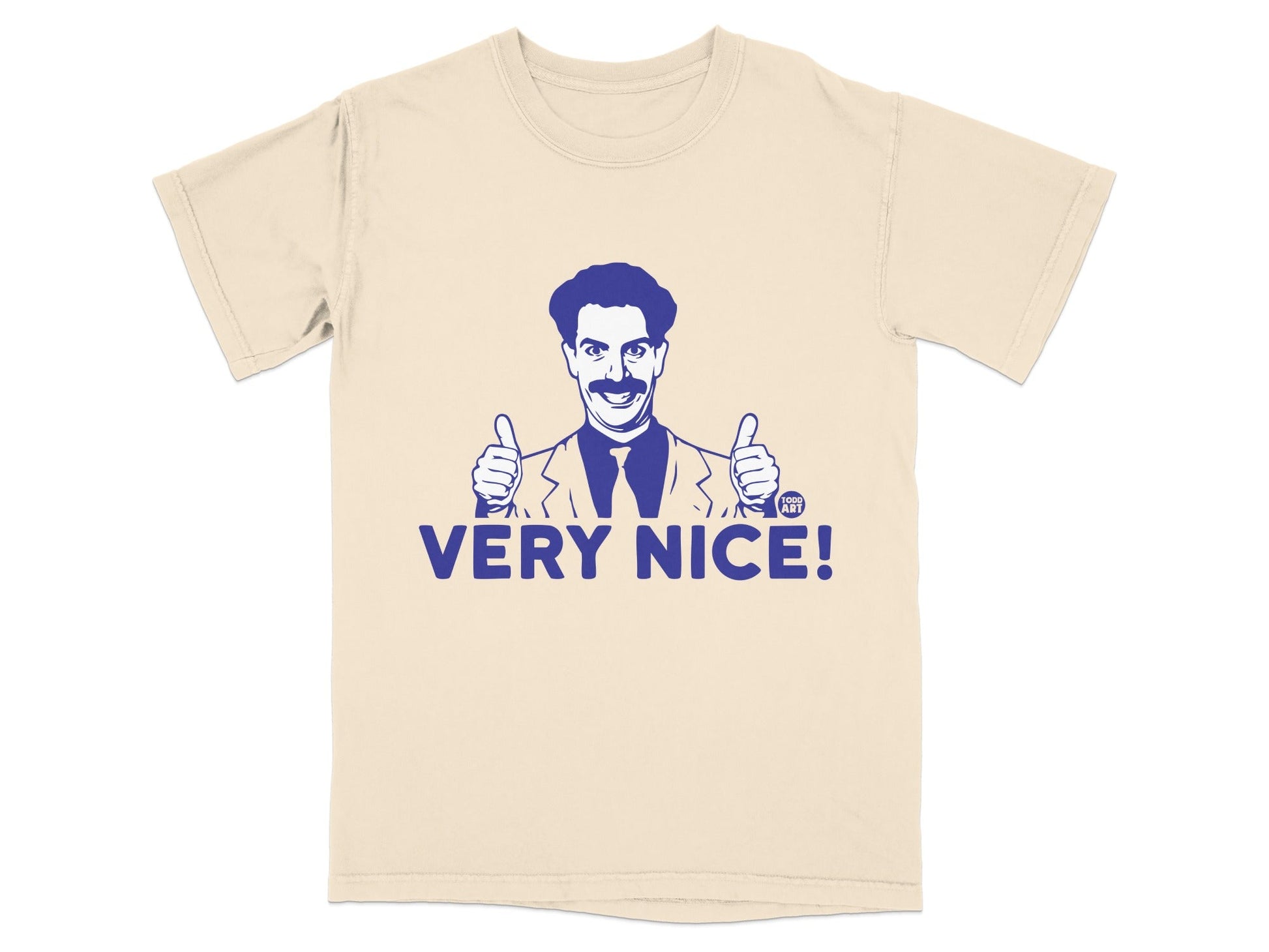 Cream t-shirt with Borat giving two thumbs up and "VERY NICE!" text.