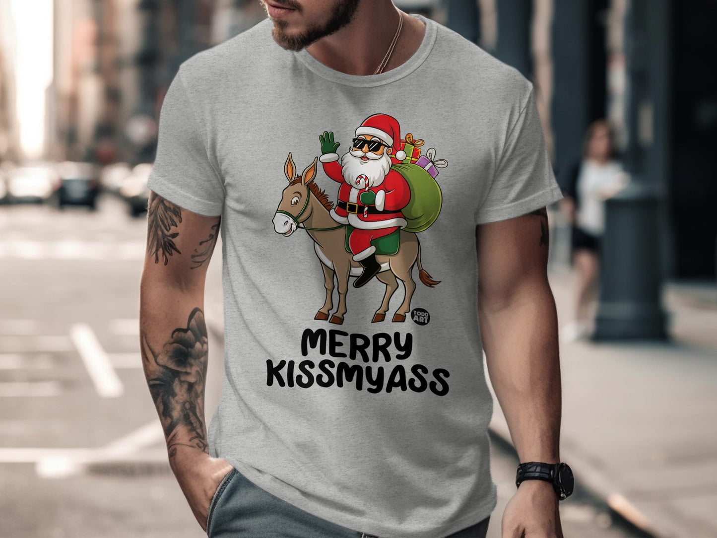 Merry Kissmyass Funny Santa and Donkey T-Shirt