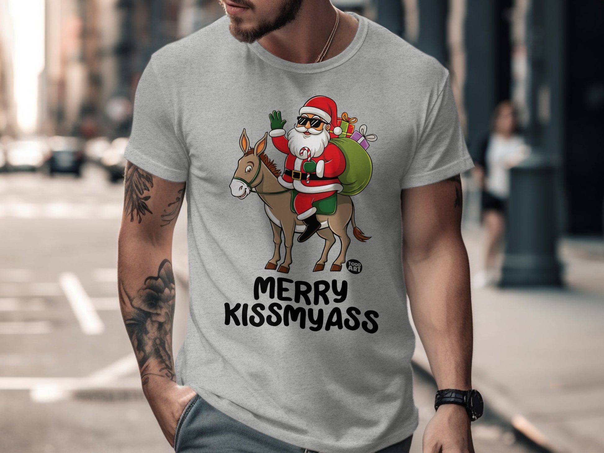 Merry Kissmyass Funny Santa and Donkey T-Shirt