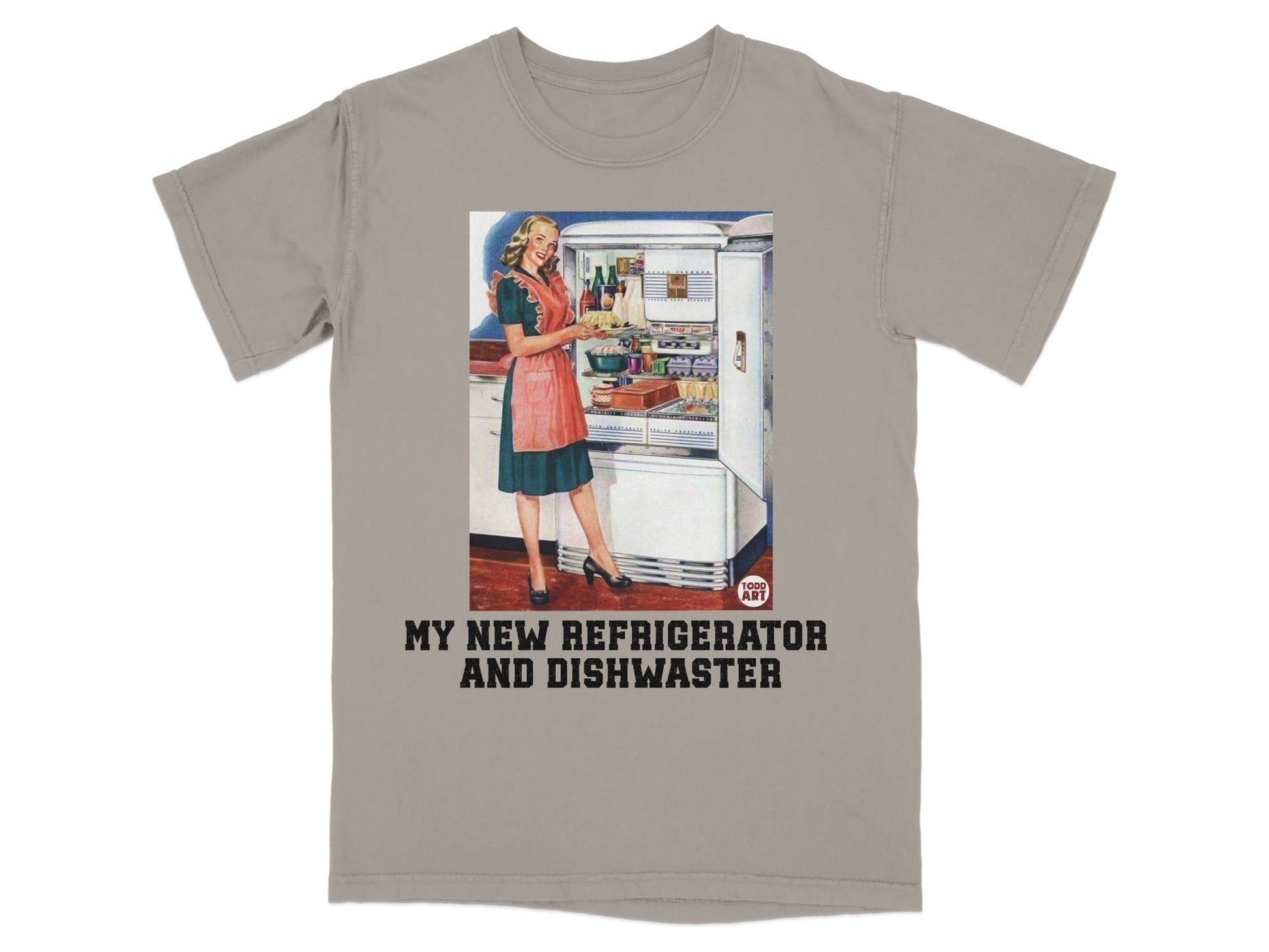 Woman in apron by vintage refrigerator, "My New Refrigerator and Dishwasher" text.