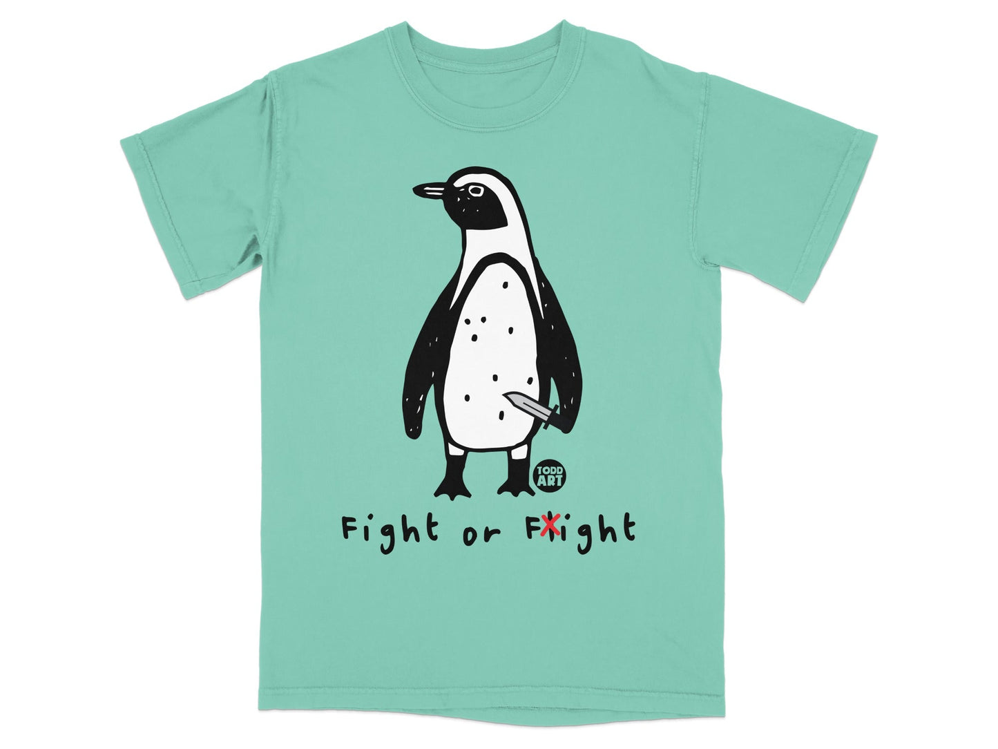 T-shirt with cartoon penguin holding a knife, text "Fight or Flight".