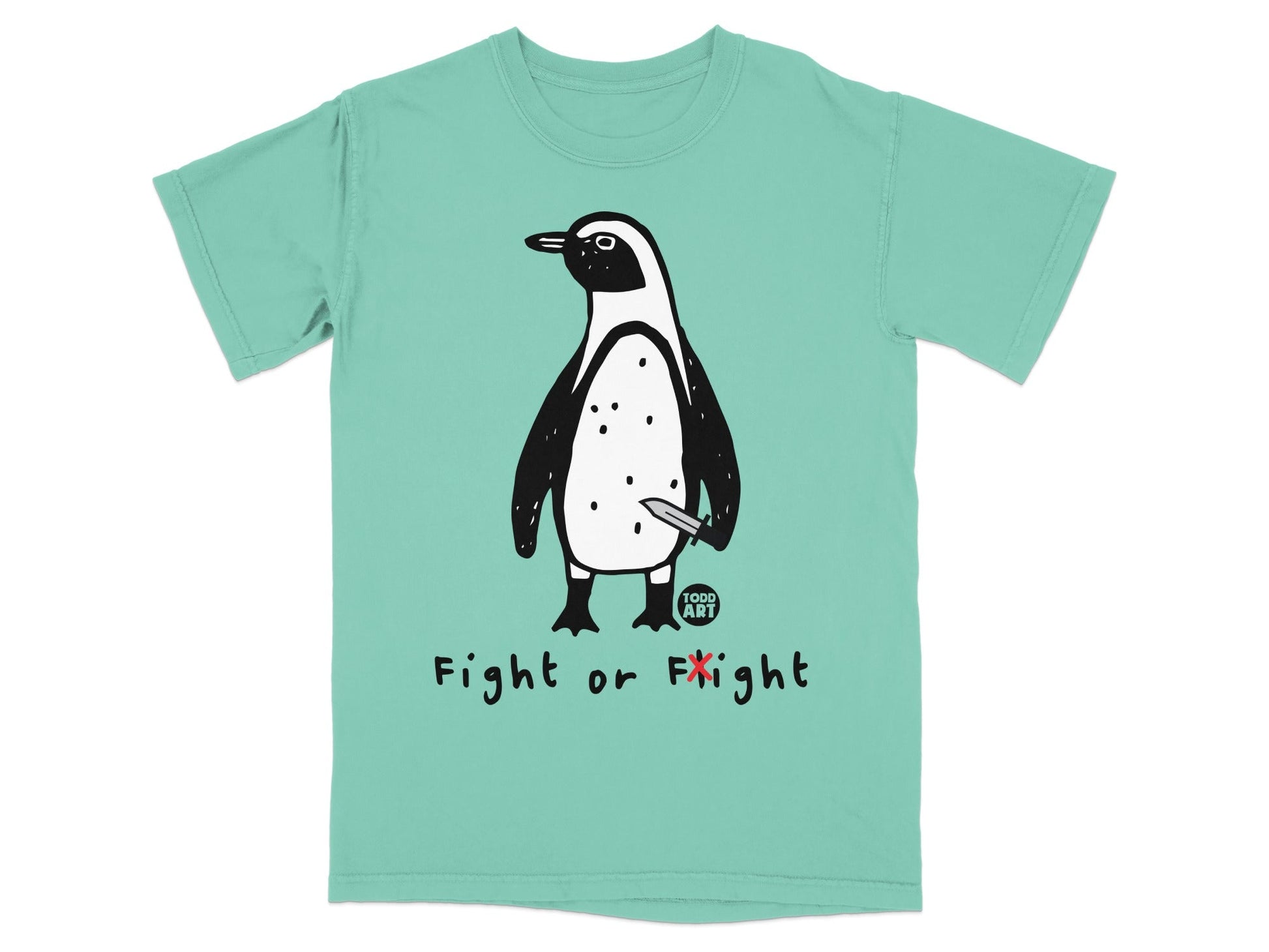 T-shirt with cartoon penguin holding a knife, text "Fight or Flight".