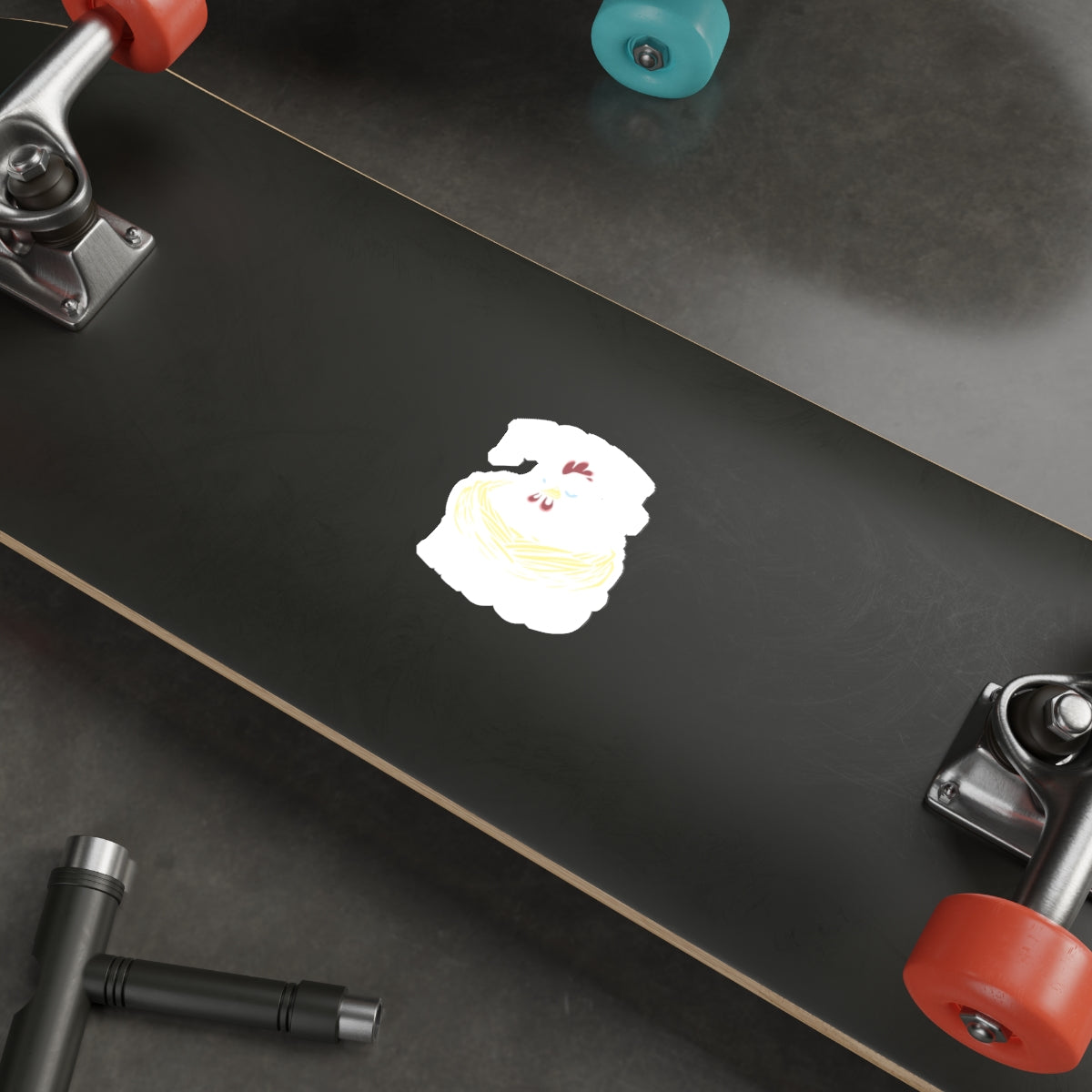 Black Skateboard with Anime Style Chicken Illustration
