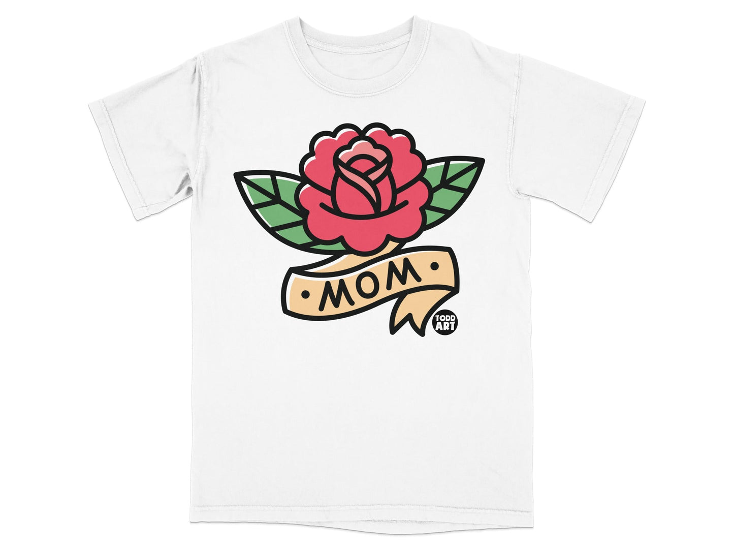 White t-shirt with red rose and "MOM" banner.