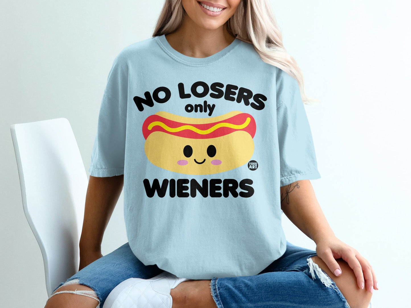 Light blue t-shirt with "NO LOSERS only WIENERS" text and hot dog graphic.