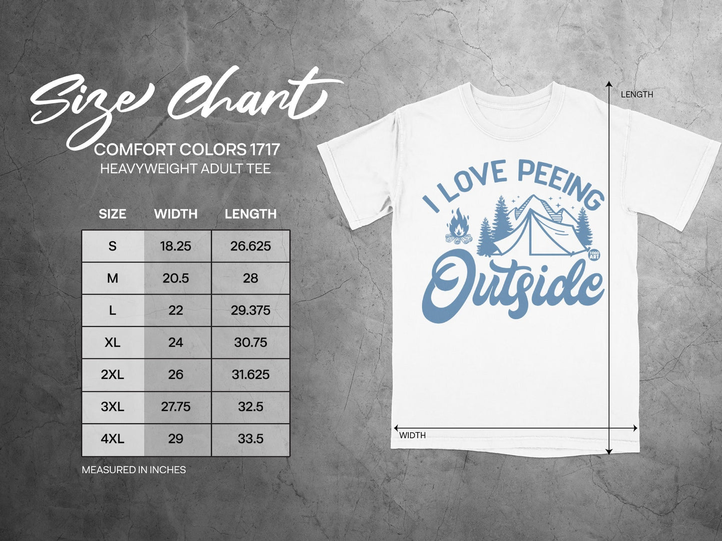 Comfort Colors 1717 heavyweight tee size chart with measurements in inches.