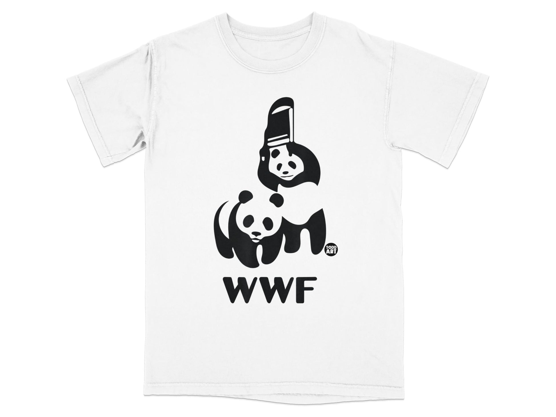 White t-shirt with WWF logo featuring two pandas and a marching band hat.