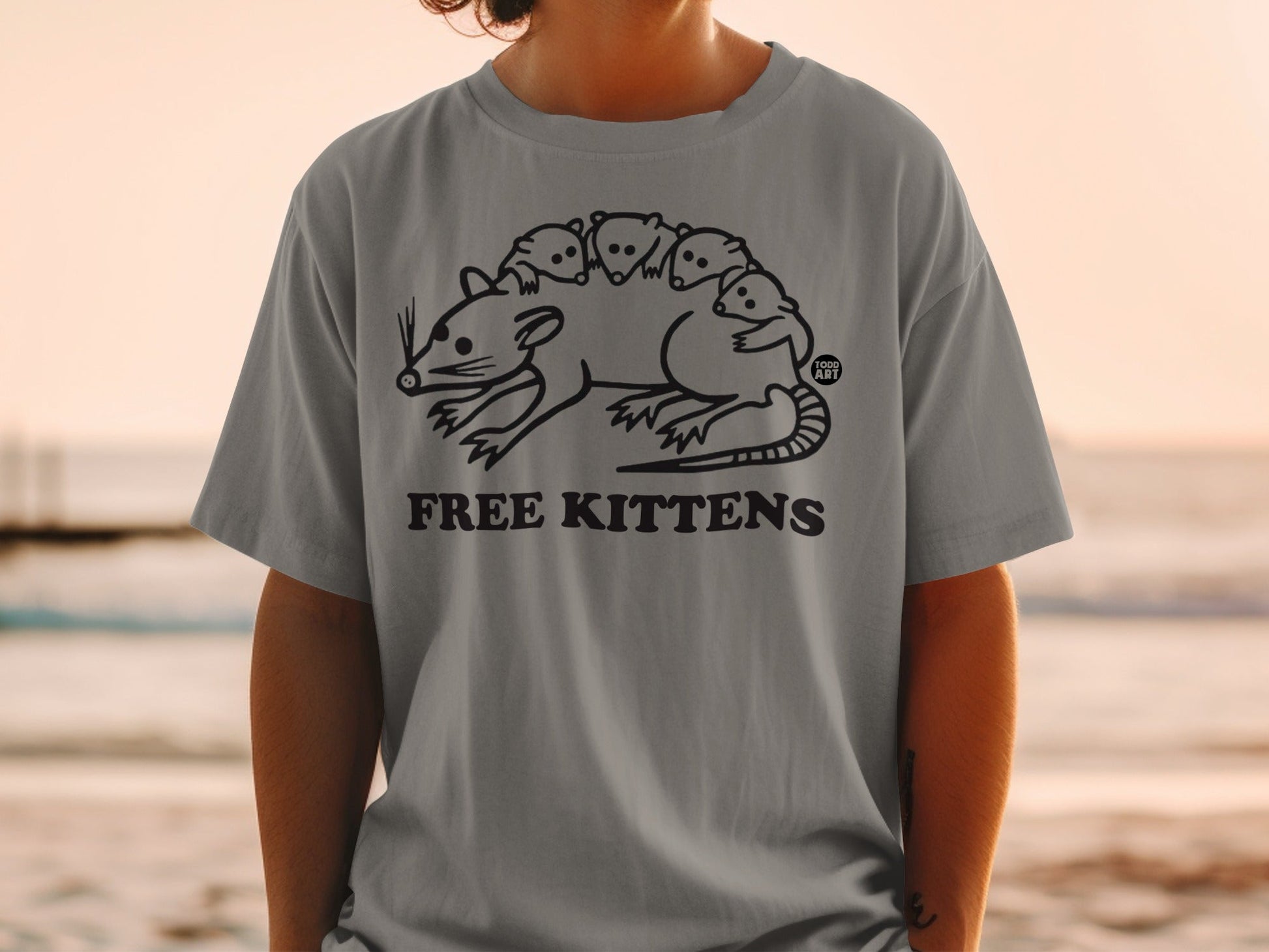 Gray t-shirt with black line drawing of a mother opossum carrying several babies on her back, text "FREE KITTENS".