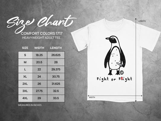 Comfort Colors 1717 heavyweight adult tee size chart with penguin graphic.