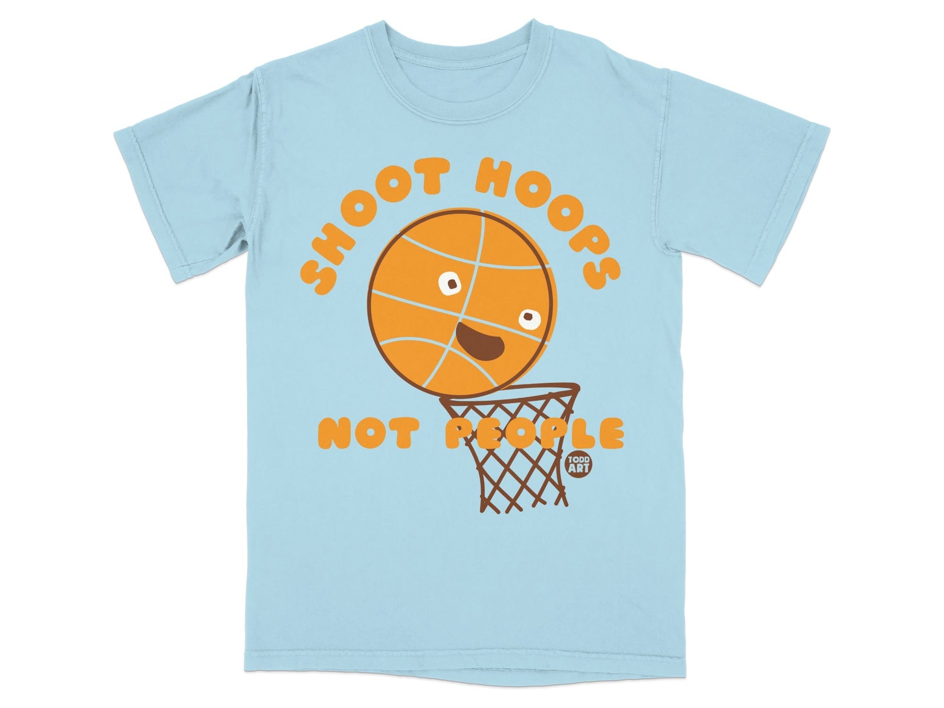 Light blue t-shirt with cartoon basketball shooting into a hoop.