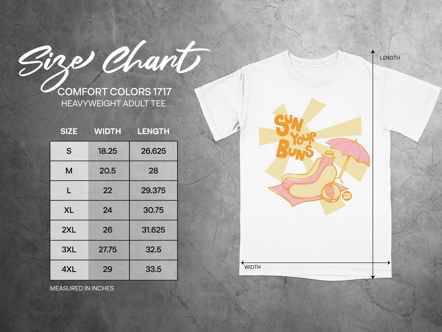 Size chart for Comfort Colors 1717 heavyweight adult tee with measurements.
