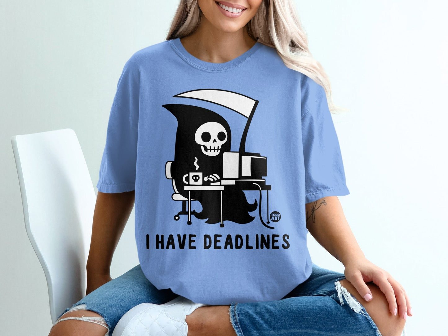 Grim reaper at a computer with "I HAVE DEADLINES" text.